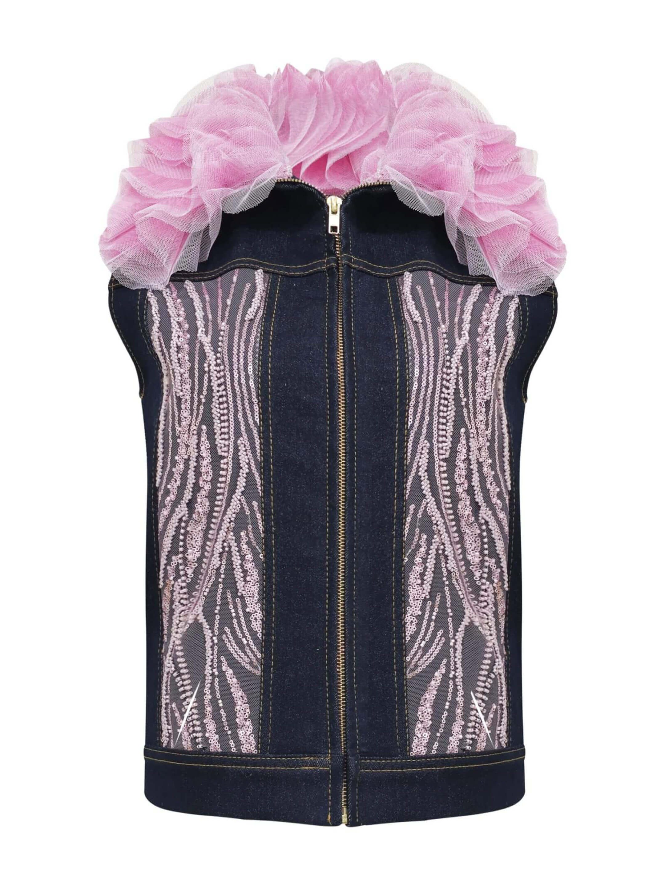 2madison Avenue Timeless Pieces Denim Fancy Vest In Pink Lace