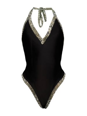 Hong Hoa Black with Leopard Trim Halter One-Piece Swimwear