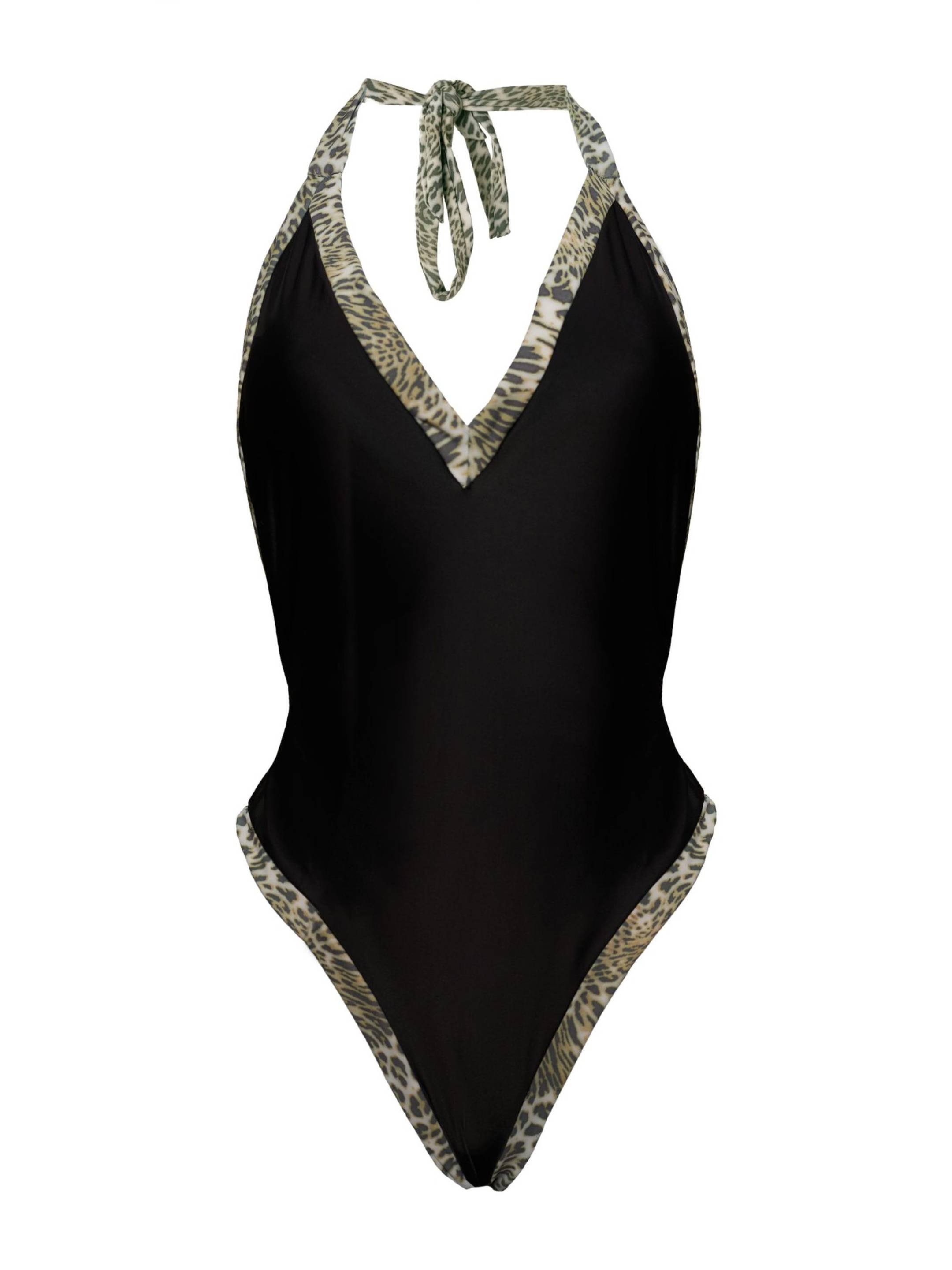 Hong Hoa Black with Leopard Trim Halter One-Piece Swimwear