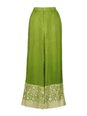 Silai The Label Green High Waisted Pants With Gold Brocade Border