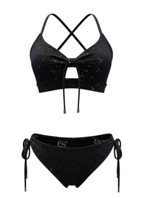 MundoE&E Black Solid And Signature E&E Reversible Bikini Swimwear