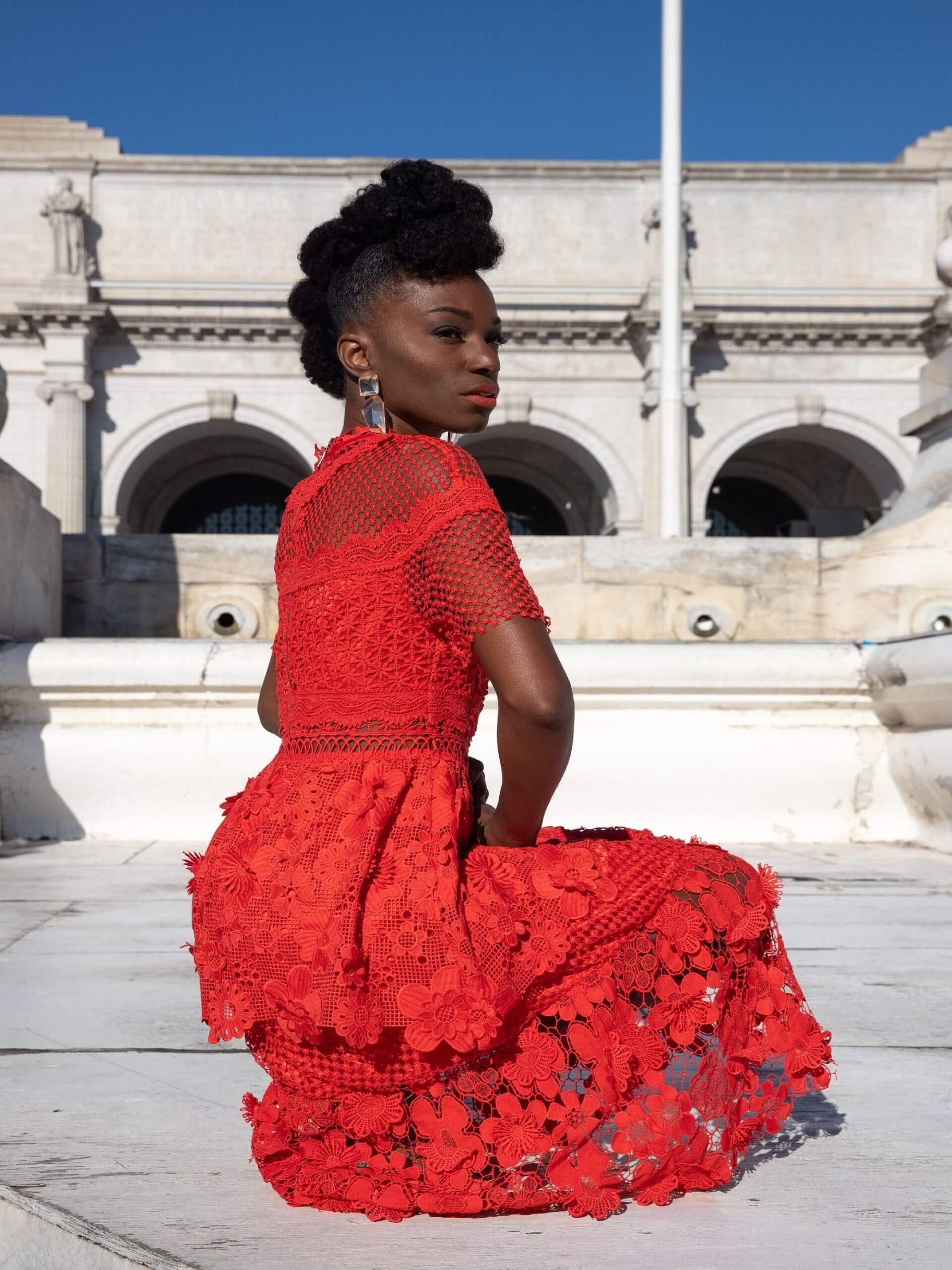 Hong Hoa Red Delicate Floral Lace Dress - Image 6