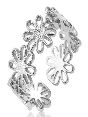 Jewellery Bar Flower Details Open Ring Rhodium Plating