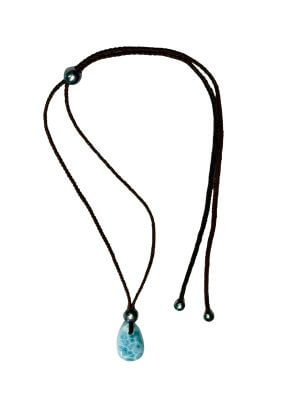 Adjustable pendant necklace with a Larimar stone and Tahitian pearl on a leather cord.
