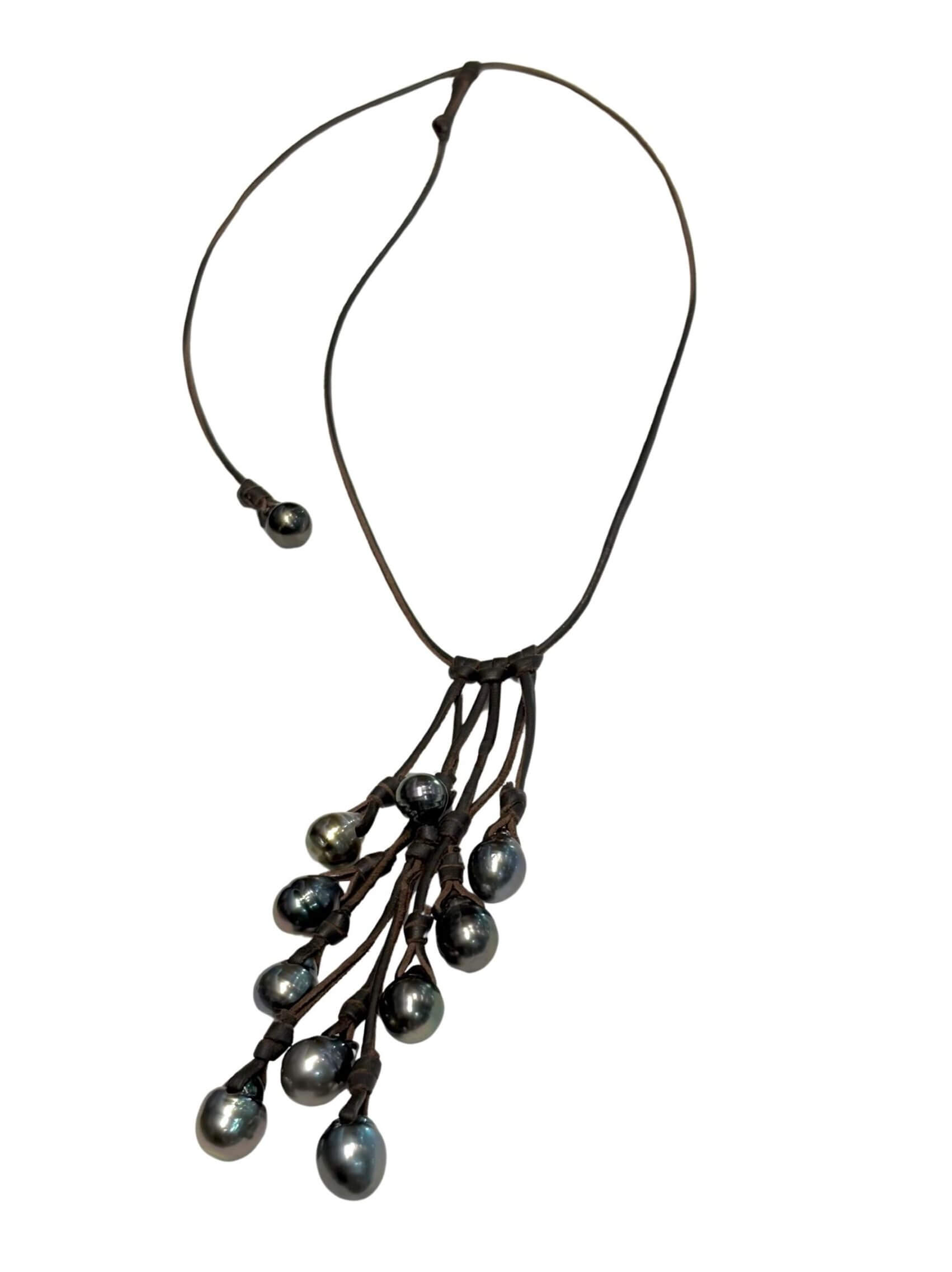 Cluster necklace with ten rimmed Tahitian pearls and one semi-round accent pearl on hand-rolled leather.