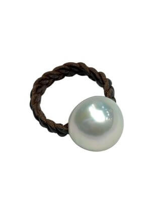 Braided leather ring featuring a single 15 mm Australian white pearl.