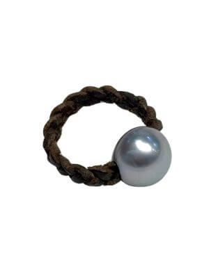 Braided leather ring with a single 12.5 mm Tahitian pearl at its centre.