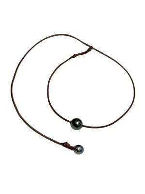 Choker necklace with Tahitian pearls on hand-rolled kangaroo leather, convertible to back-neck wear.