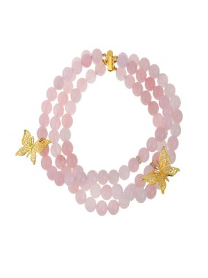 LNB Jewellery Pink Quartz and Gold Plated Butterflies Three Layers Necklace