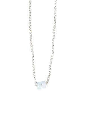 „Timeless 925 sterling silver necklace, 48 cm length, adjustable to 46 cm and 44 cm, with two crystal donut pendants in aquamarine and chalcedony; handcrafted from recycled materials, symbolizing calm, courage, openness, and emotional balance.“