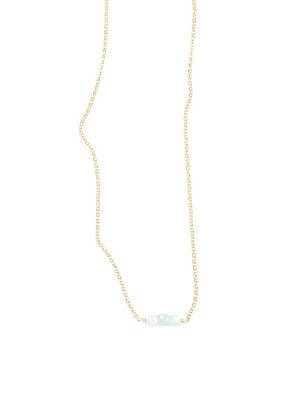 Gold-plated sterling silver fine chain necklace with aquamarine crystal pendant, handcrafted from recycled materials, symbolizing calm, courage, and flow.