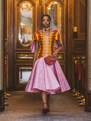 NAAYE BRAHM Pink Structured Midi Evening Dress – Delaunay