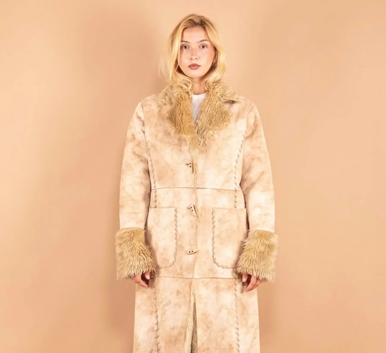 NorthernGrip Vintage Penny Lane Coat from the 1990s, made of faux suede and shearling, sourced and restored by NorthernGrip.
