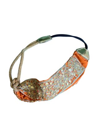 PERIPHERII VERDURE asymmetric hand-embroidered headband in Orange Gold with appliqué work