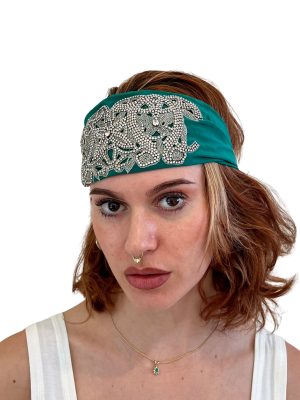 Tiara crystal embroidered headband with cutouts on silk-poly