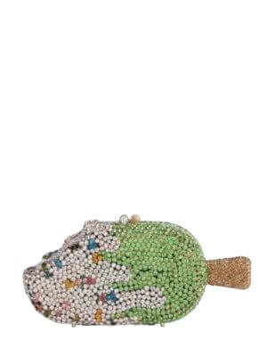 Rosa Isela “lick me” crystal green clutch bag.