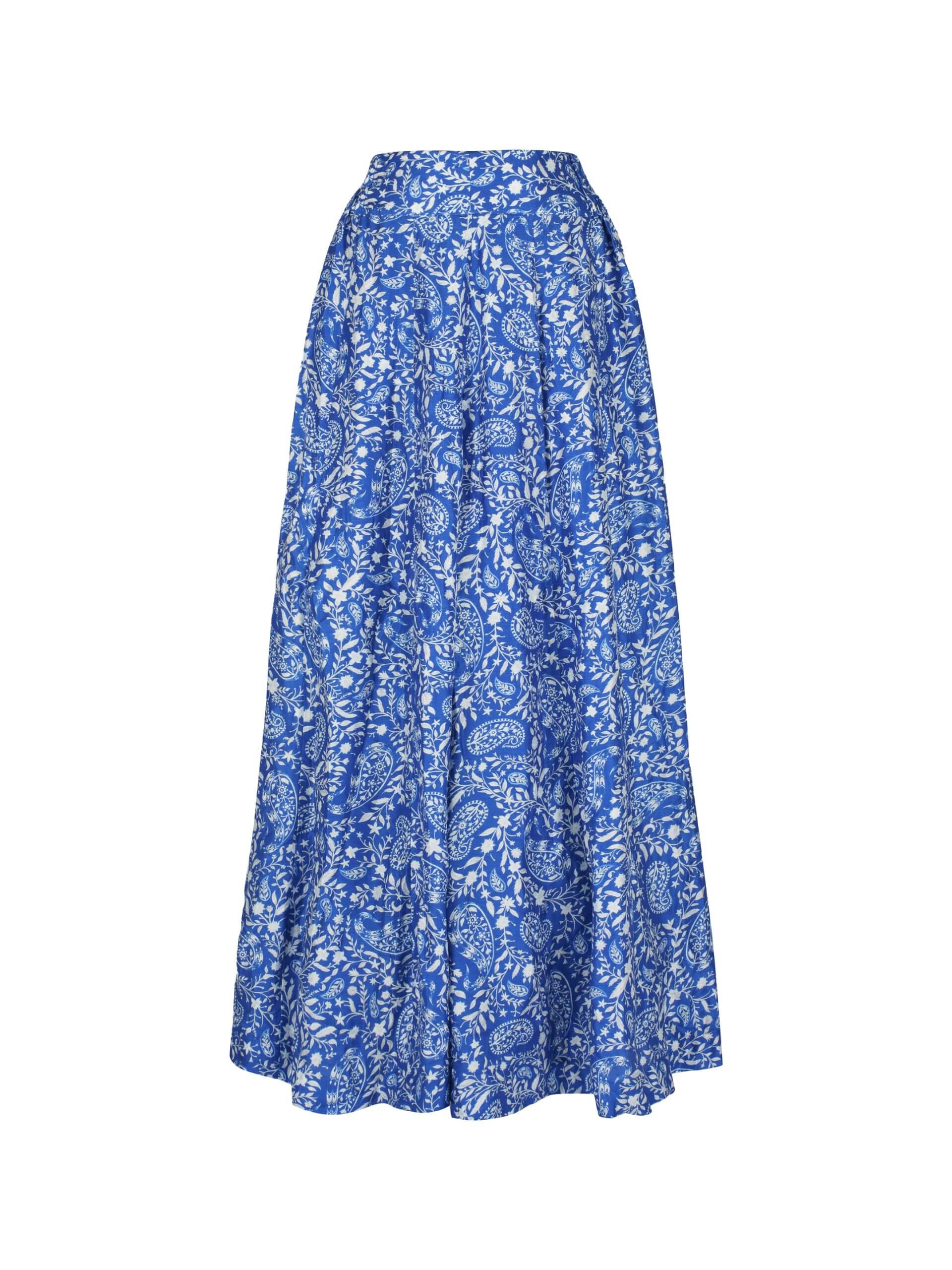 Cobalt blue paisley print wide-leg palazzo pants with panel detailing.