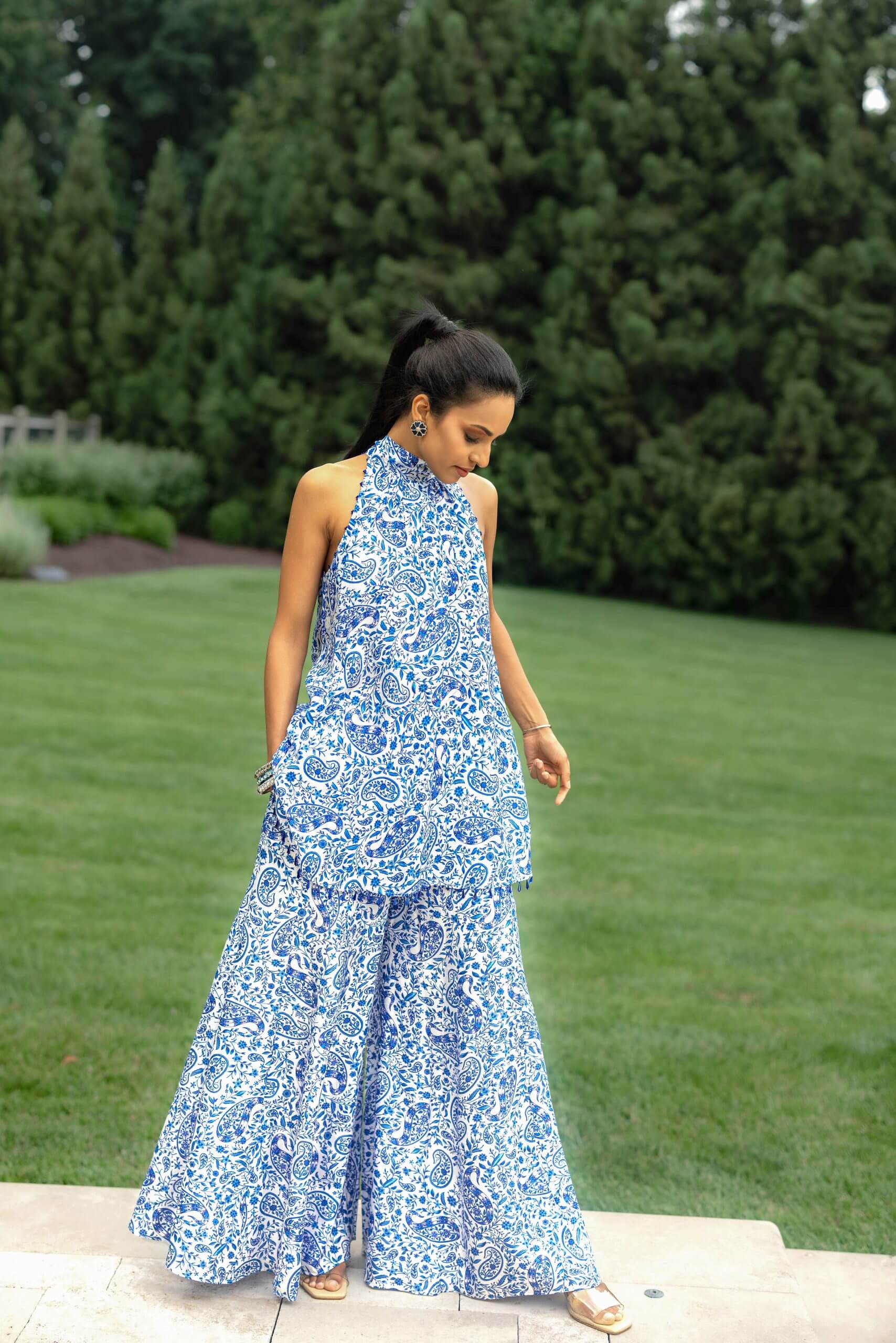 Blue and White Cobalt Floral Palazzo Pants
