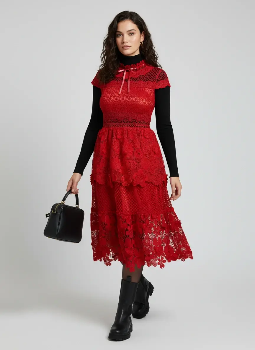 Hong Hoa Red Delicate Floral Lace Dress - Image 2